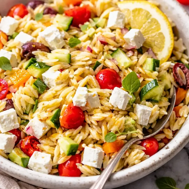 Colorful Greek Orzo Salad with feta, tomatoes, cucumbers, and olives served in a bowl.