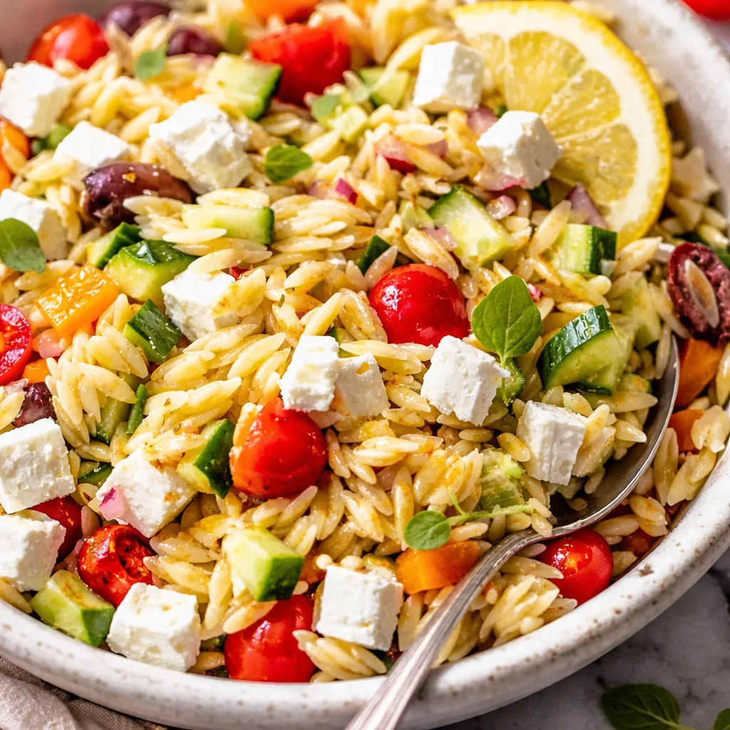 Colorful Greek Orzo Salad with feta, tomatoes, cucumbers, and olives served in a bowl.
