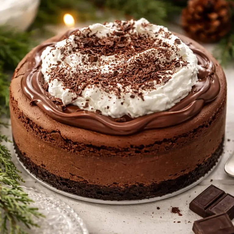 Decadent chocolate hazelnut cheesecake with whipped cream and a cookie crust.
