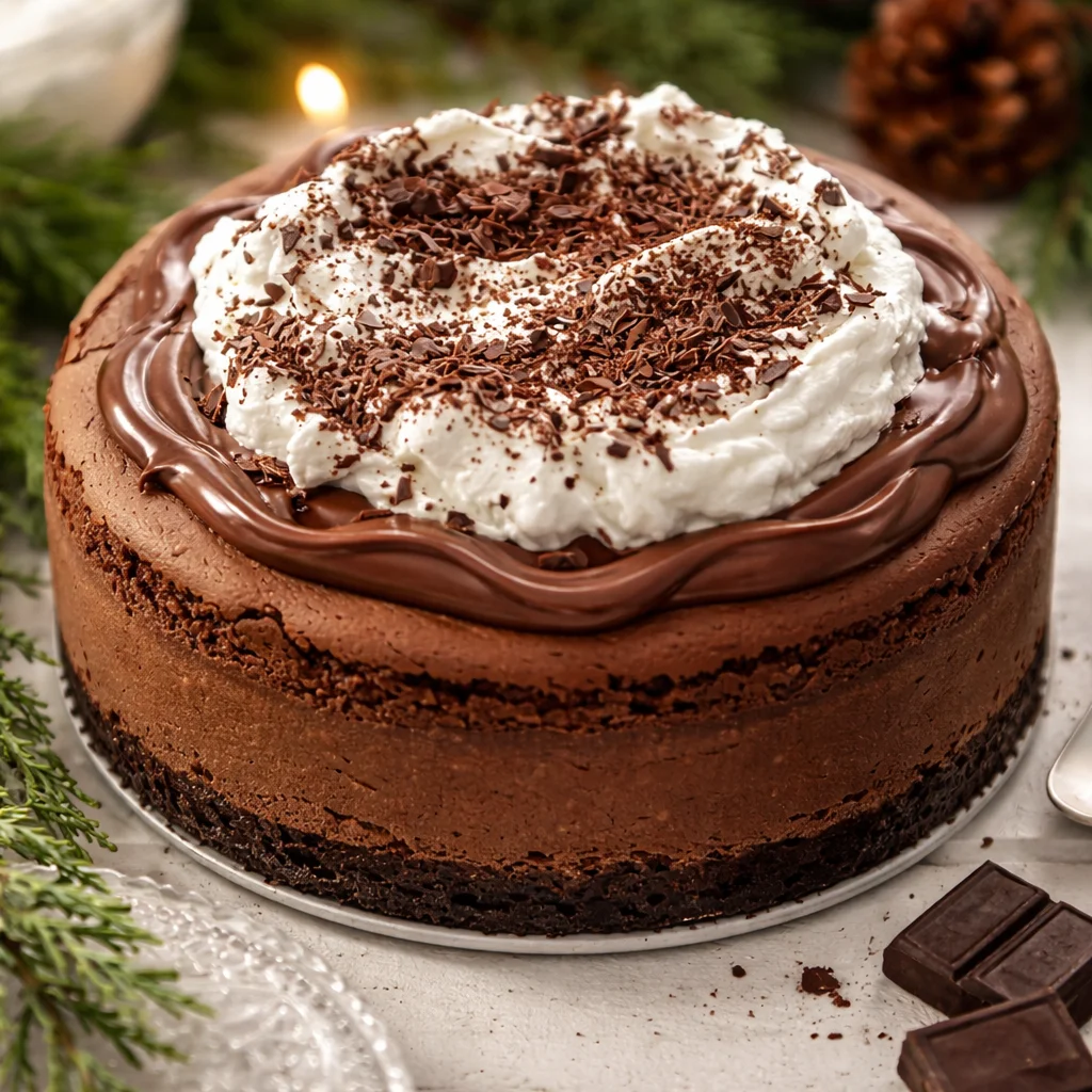 Decadent chocolate hazelnut cheesecake with whipped cream and a cookie crust.