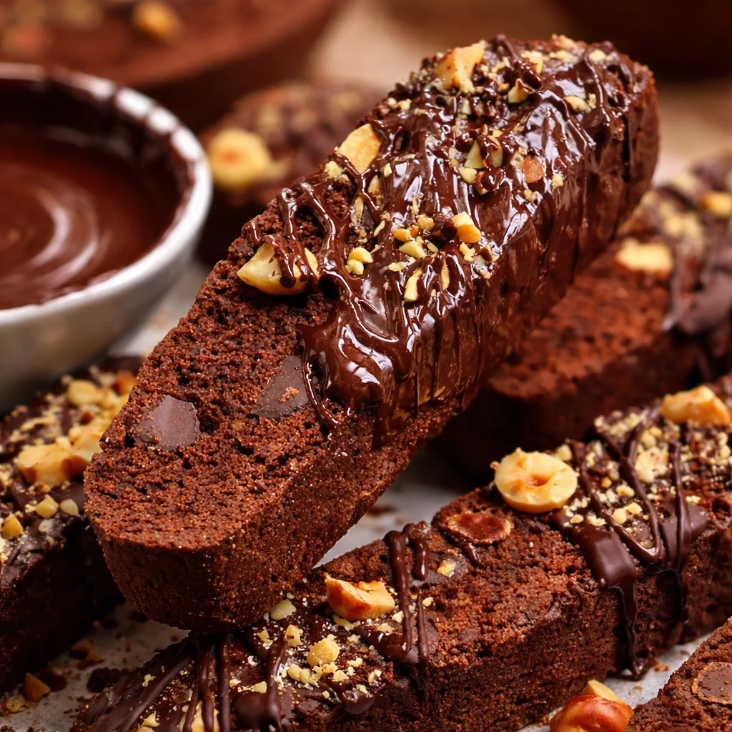 Delicious chocolate hazelnut biscotti with cocoa and roasted hazelnuts, perfect for coffee.