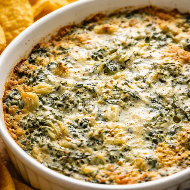 Creamy and cheesy spinach artichoke dip served with tortilla chips