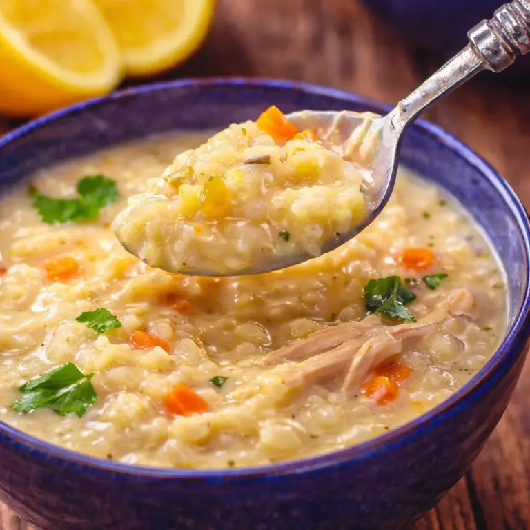Bowl of authentic Greek avgolemono chicken rice soup with lemon and egg