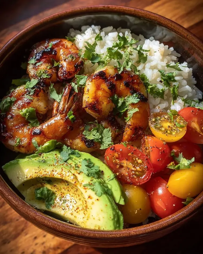 Delicious grilled shrimp served in a vibrant bowl with fresh vegetables.