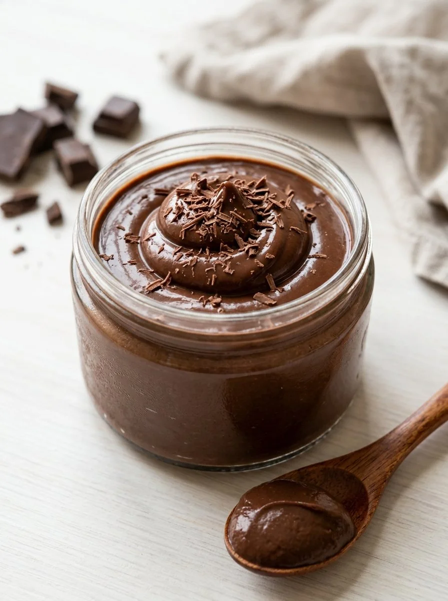 Delicious homemade chocolate pudding in a bowl topped with whipped cream