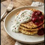 Flourless cottage cheese pancakes served with syrup and berries on a plate