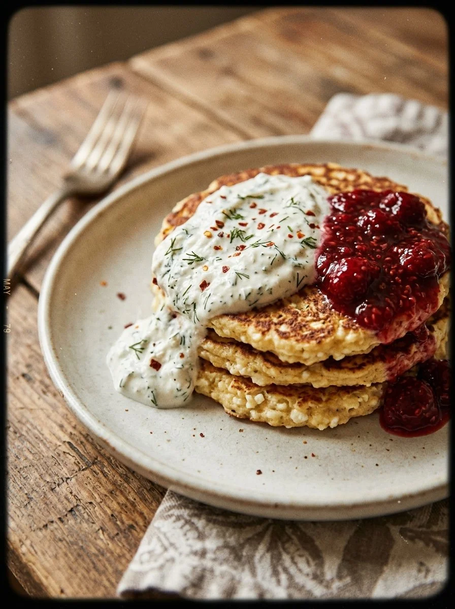 Flourless cottage cheese pancakes served with syrup and berries on a plate