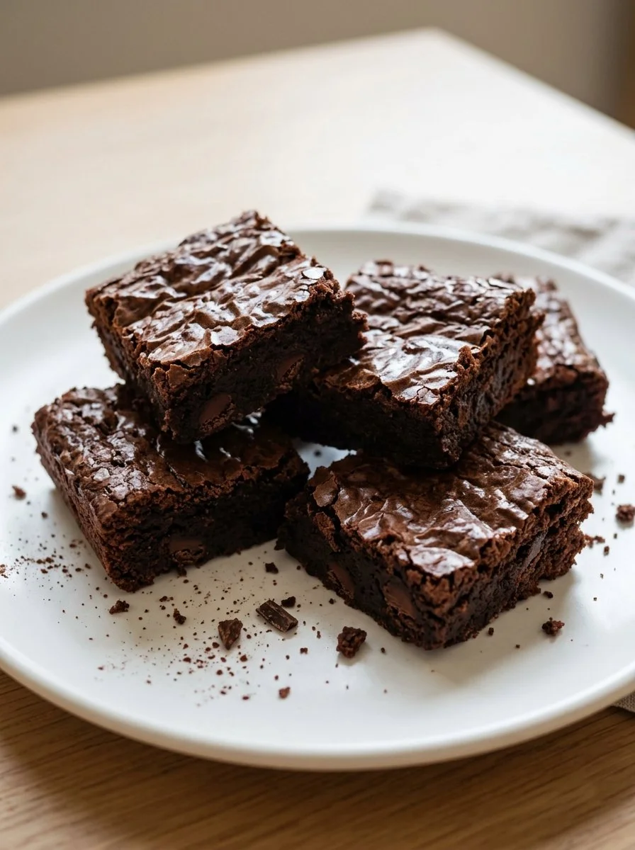 Greek Yogurt Brownies served on a plate with chocolate drizzles