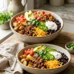 Delicious Loaded Potato Taco Bowl topped with fresh ingredients and spices.