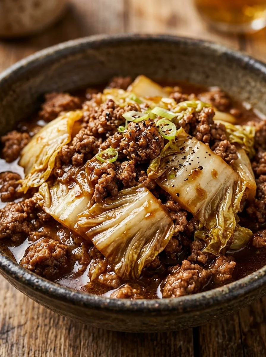 Delicious low carb Mongolian ground beef served with cabbage.