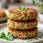 Homemade quinoa patties served on a plate with fresh herbs and vegetables