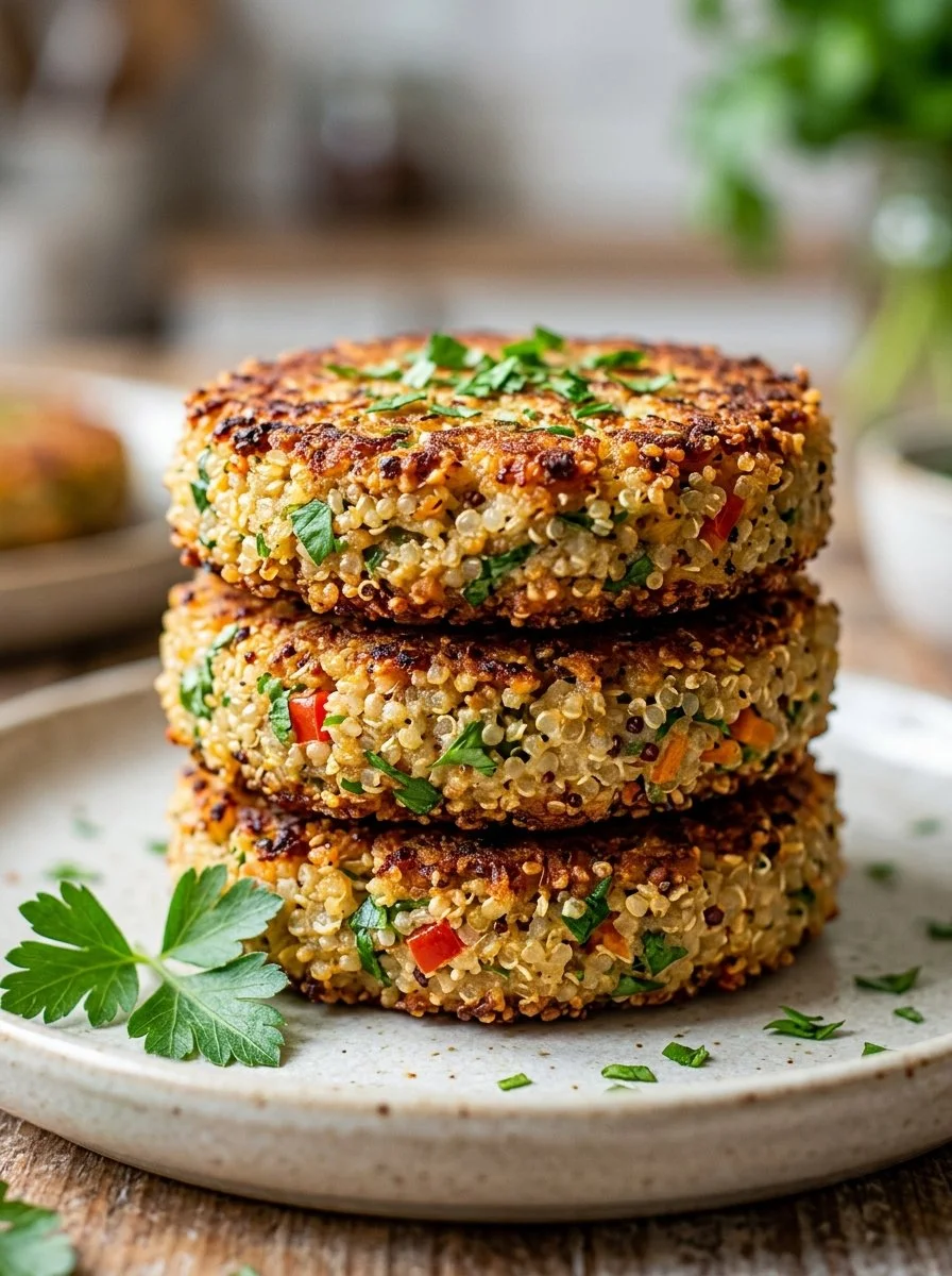 Homemade quinoa patties served on a plate with fresh herbs and vegetables