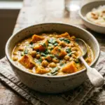 A vibrant bowl of sweet potato and chickpea curry served with rice.