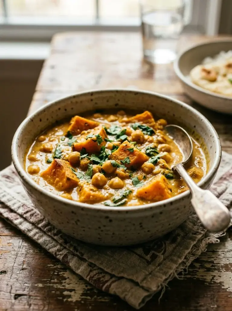 A vibrant bowl of sweet potato and chickpea curry served with rice.