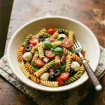 A vibrant bowl of Italian pasta salad with colorful vegetables and herbs.