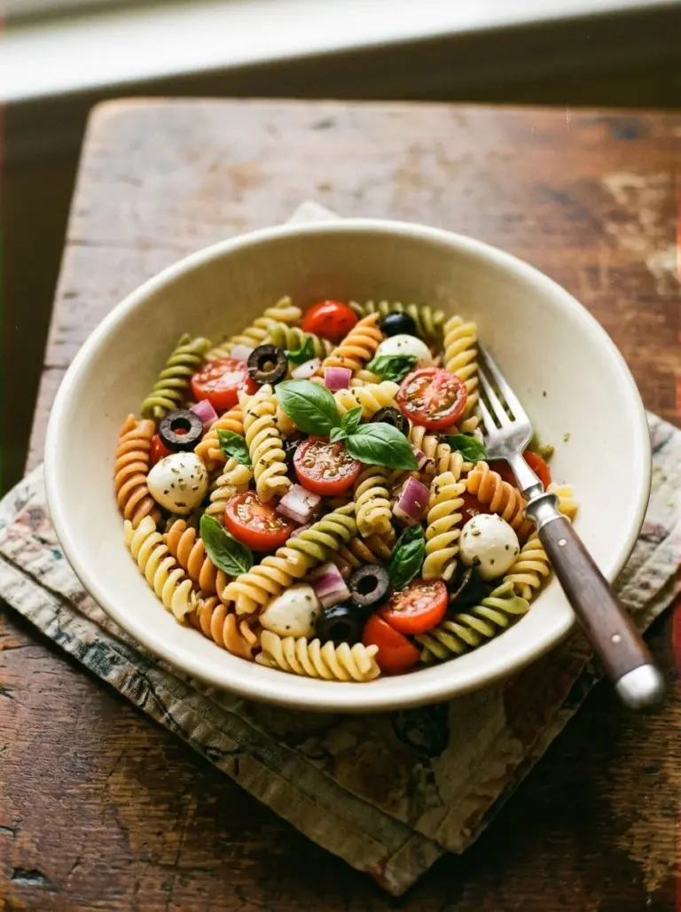 A vibrant bowl of Italian pasta salad with colorful vegetables and herbs.