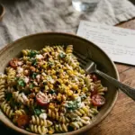 Bowl of Mexican street corn pasta salad with vibrant ingredients
