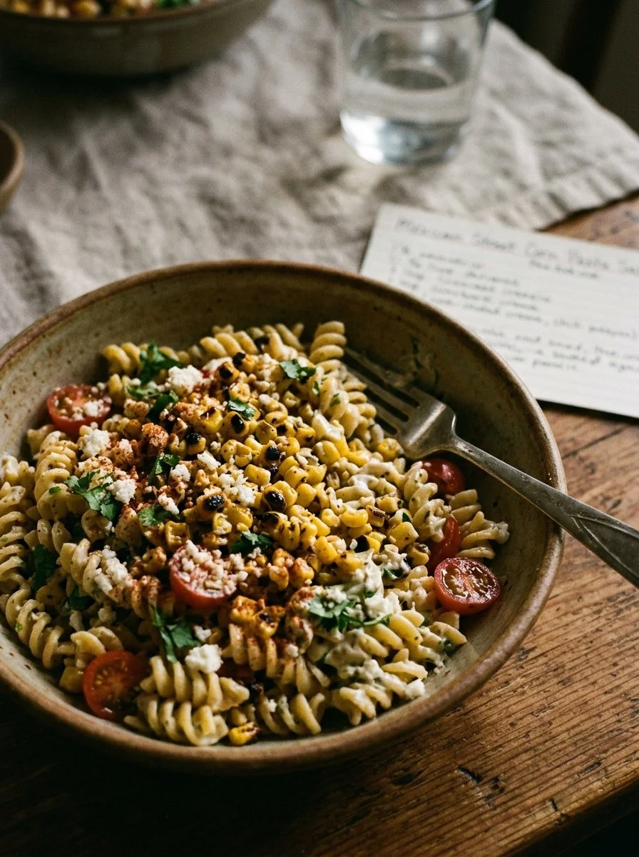 Bowl of Mexican street corn pasta salad with vibrant ingredients